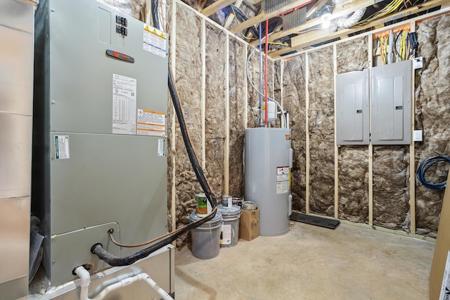 utilities featuring electric panel, water heater, and heating unit