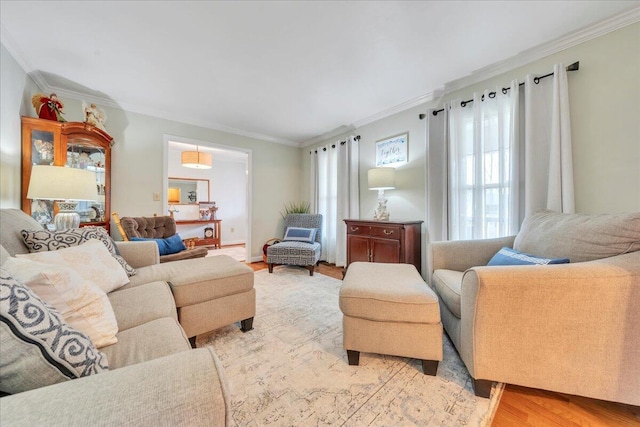 living area with ornamental molding and light wood-type flooring