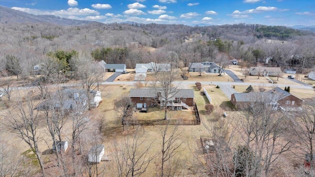 birds eye view of property with a wooded view and a mountain view