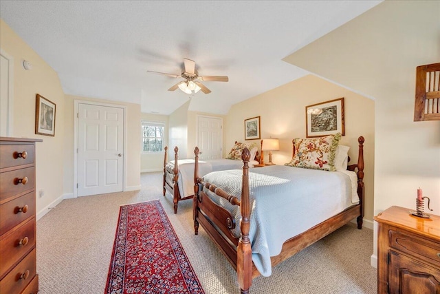 bedroom with baseboards, light carpet, and ceiling fan