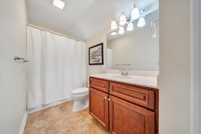 bathroom with tile patterned flooring, curtained shower, toilet, and vanity