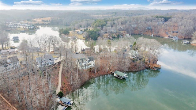 bird's eye view featuring a wooded view and a water view