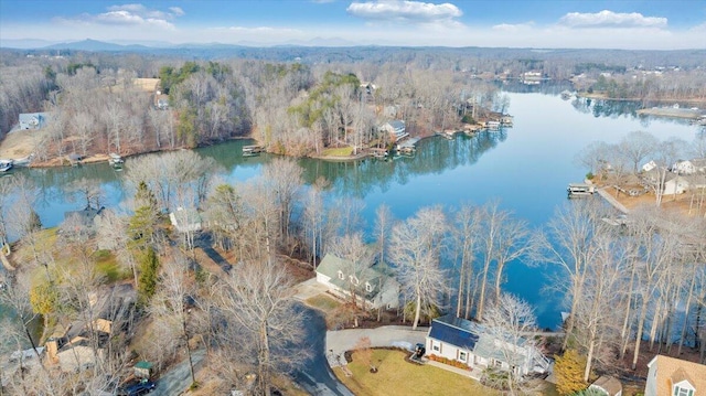 aerial view featuring a wooded view and a water view