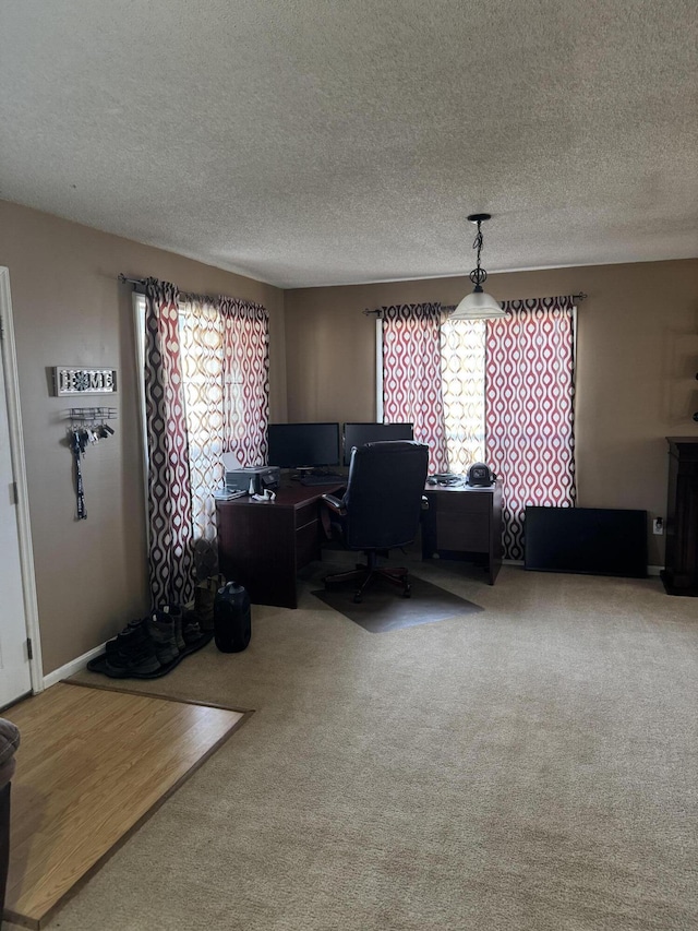 home office featuring carpet floors and a textured ceiling