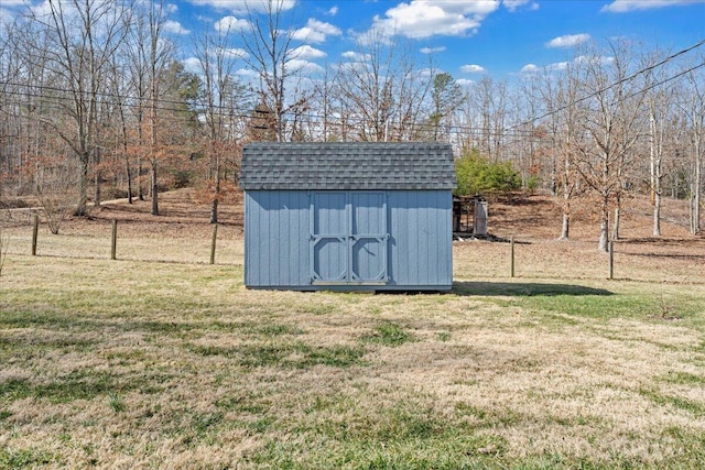 view of shed with fence