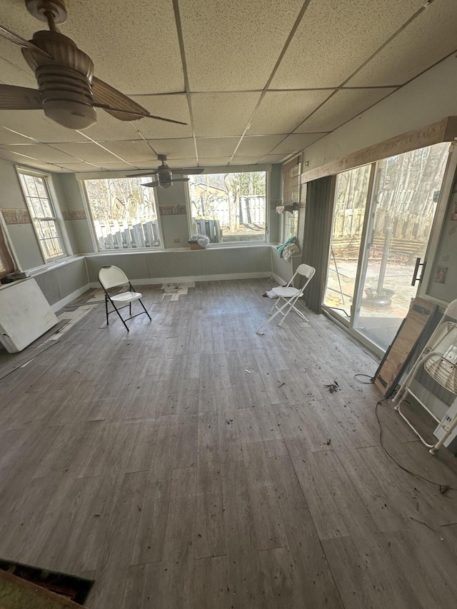 unfurnished sunroom with a paneled ceiling and ceiling fan