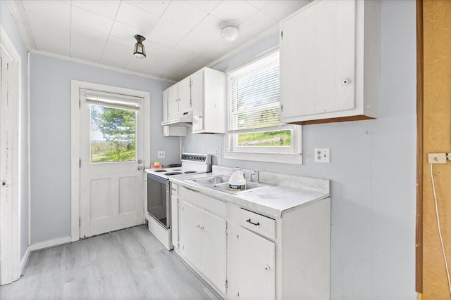 kitchen with a sink, light countertops, light wood-style flooring, electric range, and under cabinet range hood