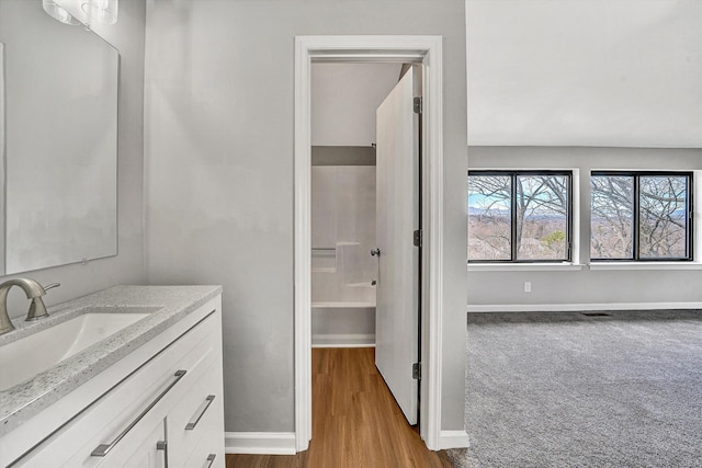 bathroom featuring baseboards, wood finished floors, and vanity