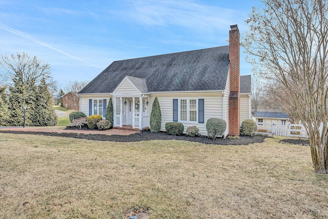 cape cod home featuring a shingled roof, a front yard, fence, and a chimney