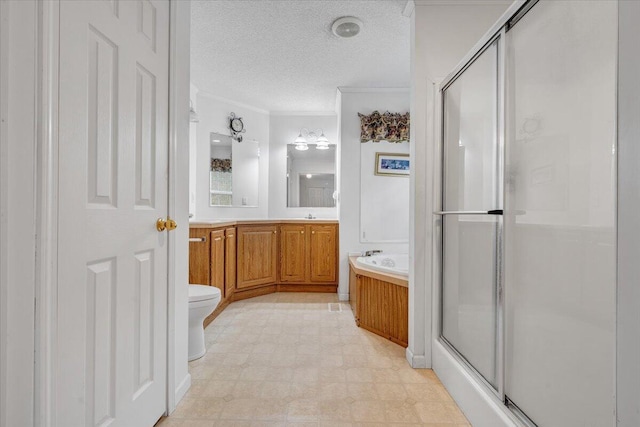 full bathroom with ornamental molding, a stall shower, tile patterned floors, a textured ceiling, and toilet