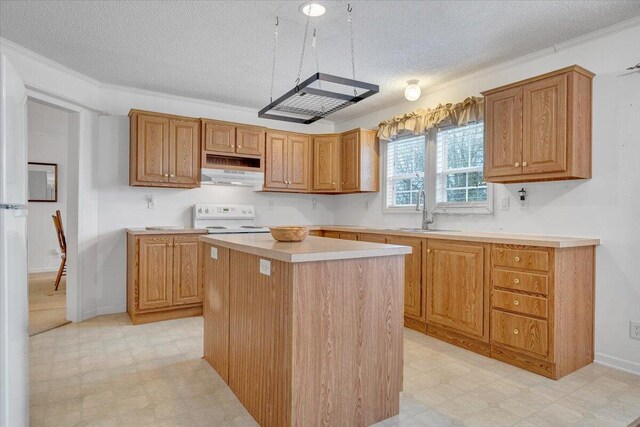kitchen featuring light countertops, under cabinet range hood, white electric range oven, light floors, and a sink