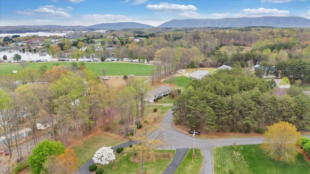 drone / aerial view featuring a wooded view and a mountain view