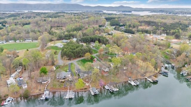 aerial view with a wooded view and a water and mountain view