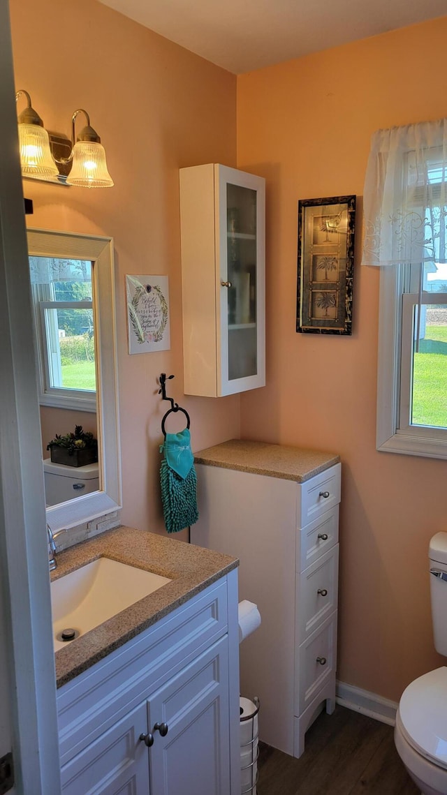 half bath featuring baseboards, vanity, toilet, and wood finished floors