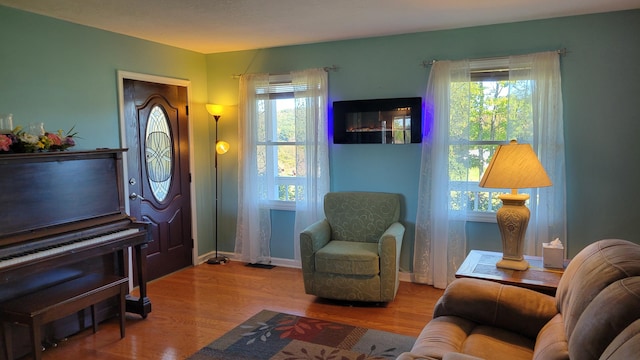 living room featuring a healthy amount of sunlight, baseboards, and wood finished floors