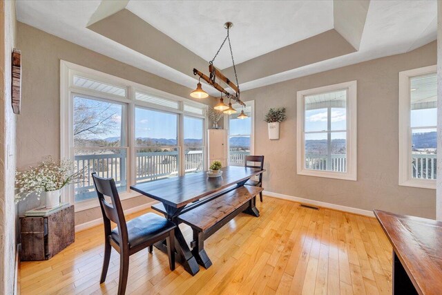 dining room featuring a tray ceiling, baseboards, visible vents, and light wood finished floors