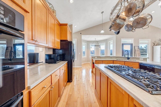 kitchen with vaulted ceiling, a sink, light wood finished floors, and black appliances