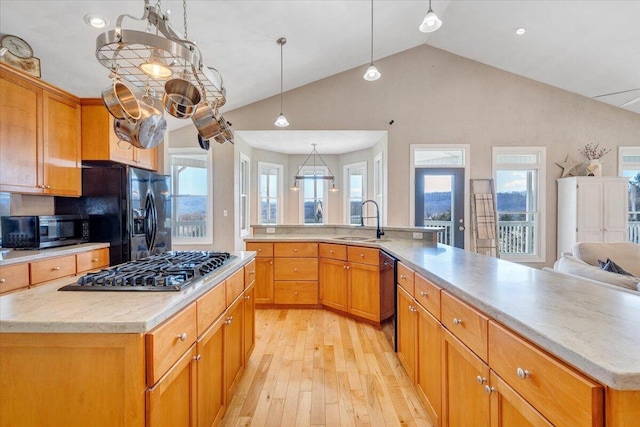 kitchen with a healthy amount of sunlight, a spacious island, light wood-type flooring, black appliances, and a sink