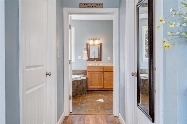 bathroom with a garden tub and vanity