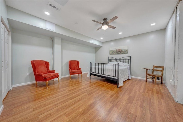 bedroom featuring recessed lighting, baseboards, visible vents, and light wood finished floors