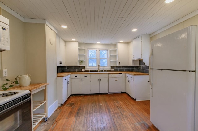 kitchen featuring open shelves, white appliances, butcher block countertops, and white cabinetry