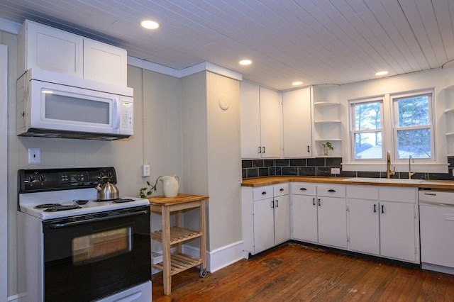 kitchen with dark wood-style flooring, open shelves, white cabinetry, a sink, and white appliances