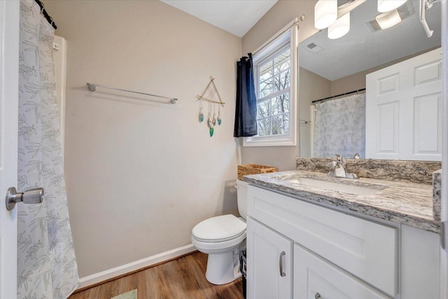 full bath featuring toilet, wood finished floors, visible vents, vanity, and baseboards