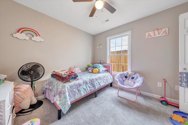 bedroom with baseboards, visible vents, vaulted ceiling, and carpet flooring