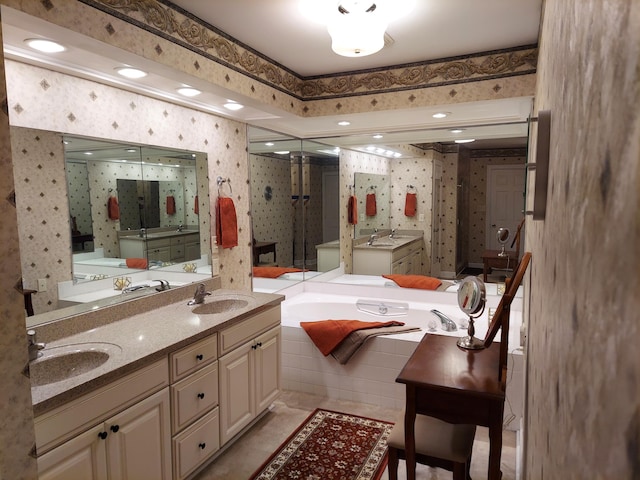 3370 Kelly Lane Ext, Roanoke, VA 24018 - full bathroom featuring wallpapered walls, a bath, double vanity, and a shower stall
