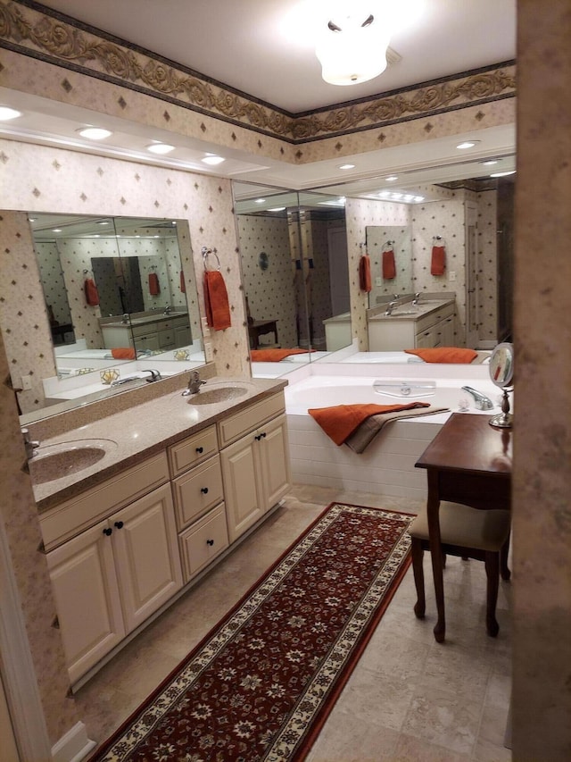 3370 Kelly Lane Ext, Roanoke, VA 24018 - bathroom featuring wallpapered walls, double vanity, and a shower stall