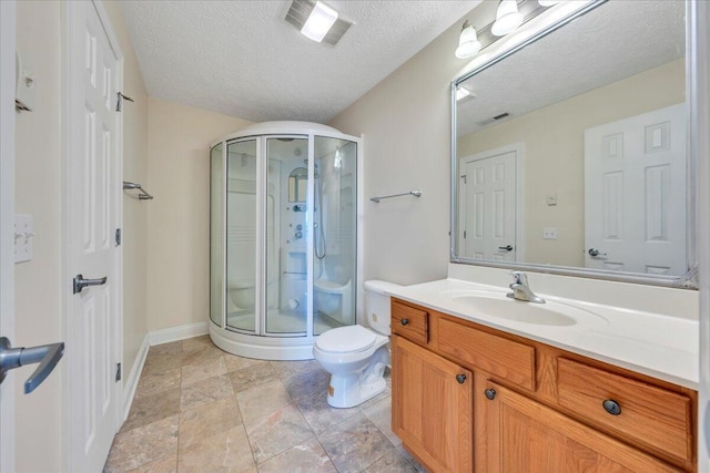 bathroom featuring visible vents, vanity, and a shower stall