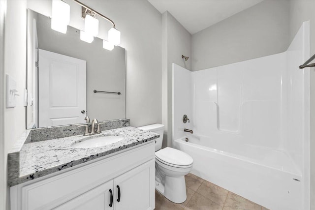 full bath with vanity, shower / washtub combination, tile patterned flooring, and toilet