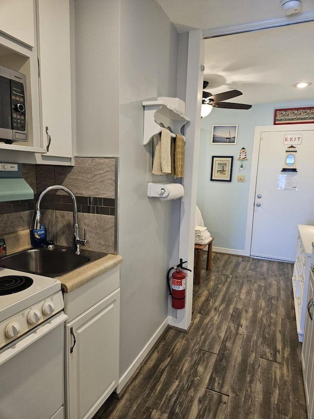 kitchen featuring ceiling fan, white cabinets, tasteful backsplash, a sink, and dark wood finished floors