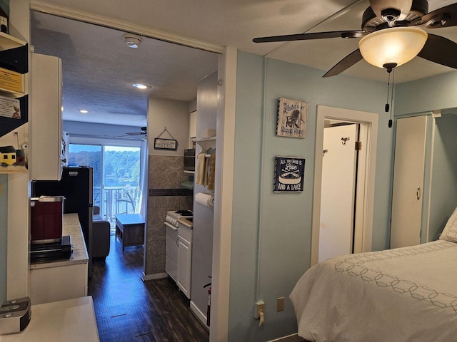 bedroom with recessed lighting, a ceiling fan, and dark wood-style floors