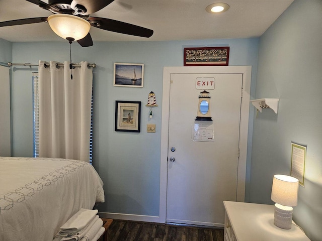 bedroom with a ceiling fan, baseboards, recessed lighting, and dark wood-style floors