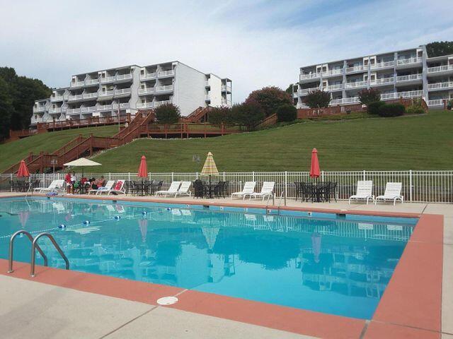 pool with a lawn, fence, and a patio