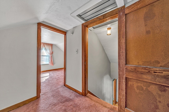 additional living space featuring a textured ceiling, vaulted ceiling, carpet, and baseboards