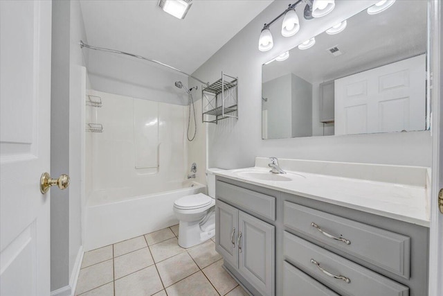 bathroom featuring shower / bath combination, visible vents, toilet, vanity, and tile patterned floors