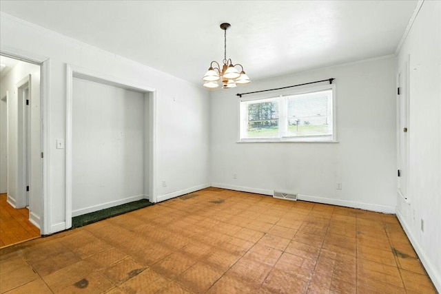 2351 Reese Mountain Rd, Elliston, VA 24087 - unfurnished room with baseboards, crown molding, a chandelier, and visible vents