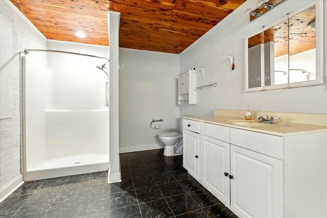 2351 Reese Mountain Rd, Elliston, VA 24087 - bathroom featuring toilet, wooden ceiling, vanity, and a stall shower