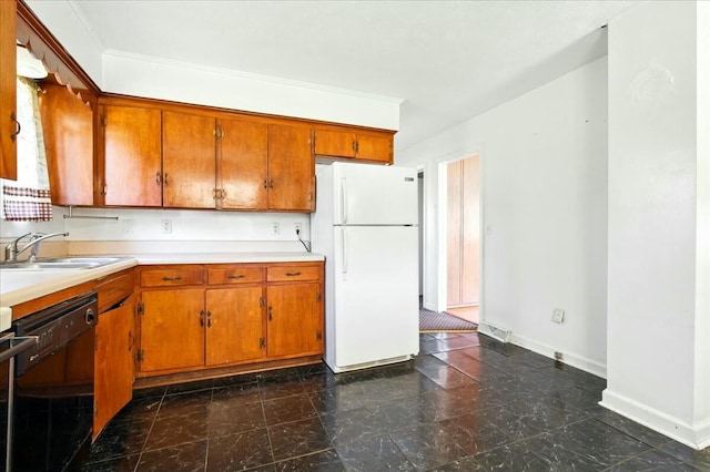 2351 Reese Mountain Rd, Elliston, VA 24087 - kitchen with black dishwasher, freestanding refrigerator, brown cabinets, and a sink