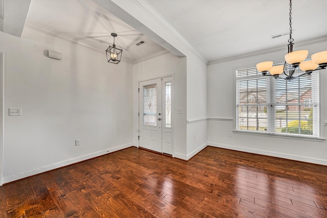 foyer with visible vents, a chandelier, wood-type flooring, and crown molding