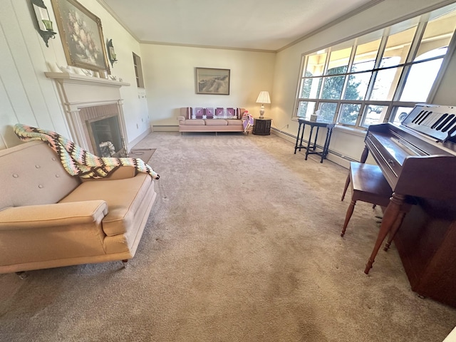 carpeted living area featuring a baseboard heating unit, ornamental molding, a fireplace with flush hearth, and baseboards