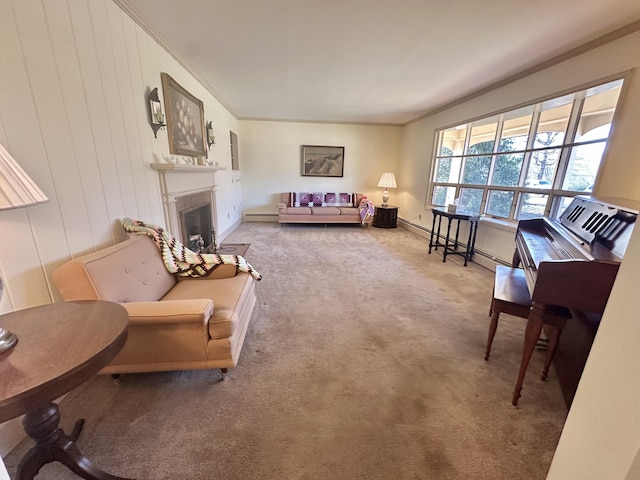 carpeted living area featuring a fireplace with flush hearth, a baseboard radiator, ornamental molding, and baseboards