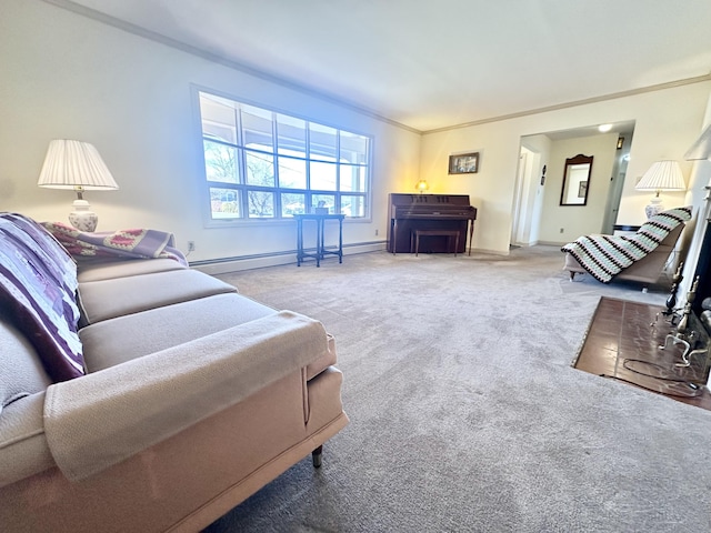 living area with ornamental molding, a baseboard radiator, carpet flooring, and baseboards