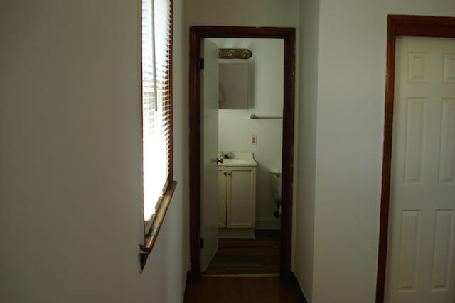 hallway with dark wood-style flooring and a sink