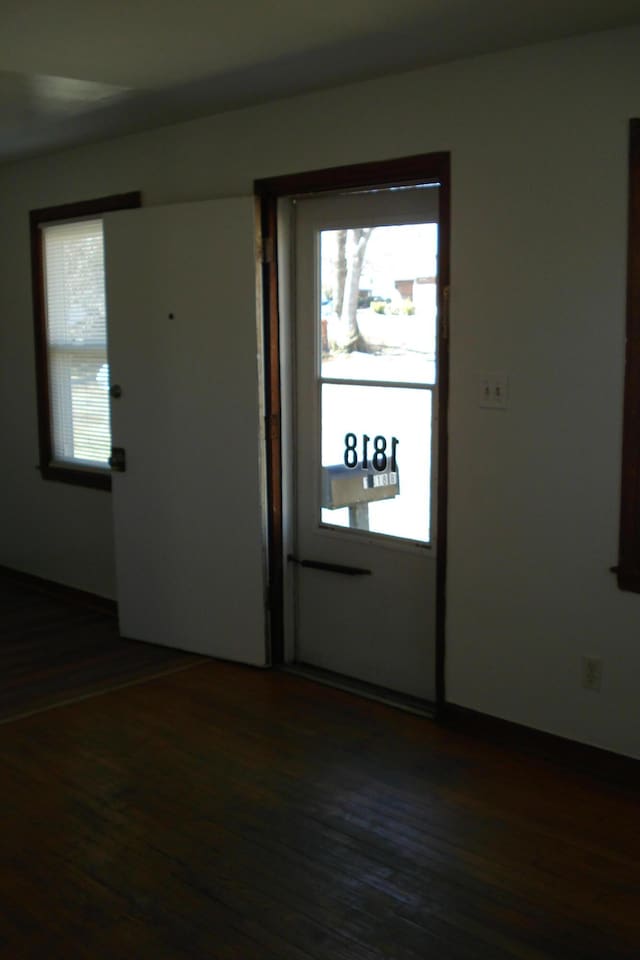 entrance foyer with dark wood-type flooring, plenty of natural light, and baseboards