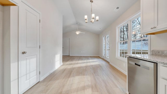 2809 Russlen Dr, Salem, VA 24153 - kitchen featuring dishwasher, a chandelier, lofted ceiling, a ceiling fan, and white cabinetry