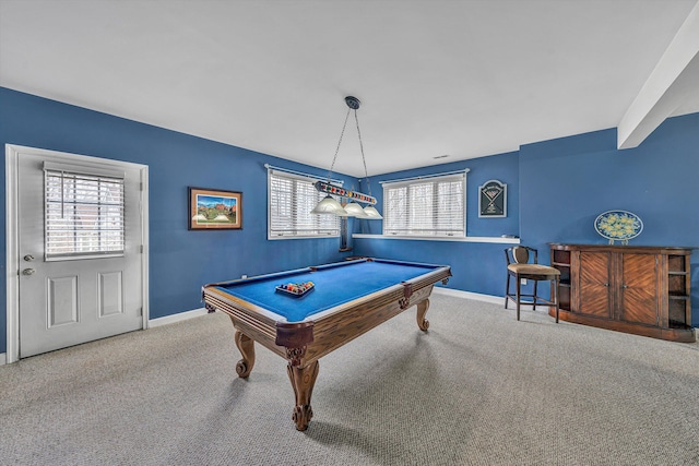 game room with baseboards, carpet, and billiards