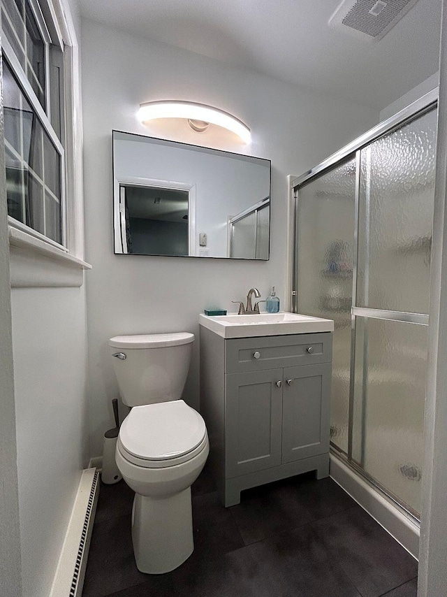 bathroom featuring a baseboard radiator, visible vents, toilet, a shower stall, and vanity